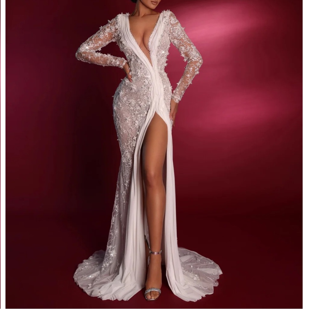 Elegant White Lace Evening Gown by Fjolla Haxhismajli